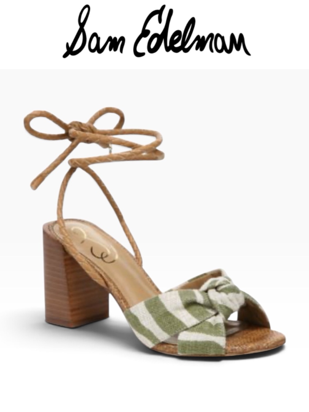 SAM EDELMAN BODHI ROPE ANKLE WRAP BLOCK HEEL SANDALS GREEN & BONE KNOT SIZE 8